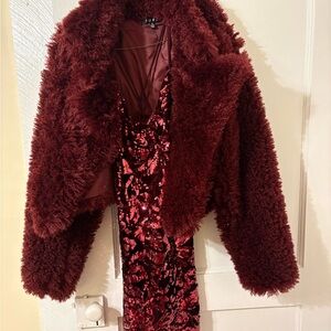 Faux Fur Burgundy Jacket and Midi Sequin Prom Dress